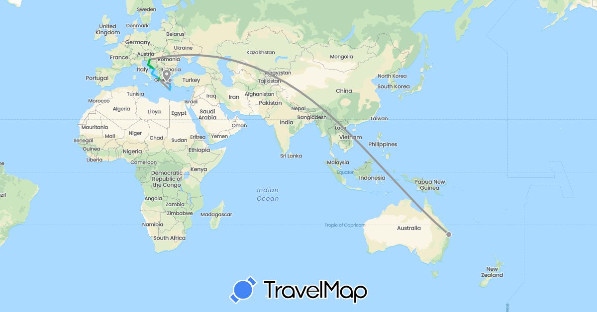 TravelMap itinerary: driving, bus, plane, boat in Australia, Greece, Croatia, Italy (Europe, Oceania)